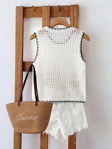 GlowEve Women's Vacation Casual Contrast Trim Sleeveless Hollow Out Knit Top - Black and White - View 2