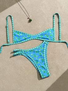 Swim Mod 春夏新款欧美甜美花卉撞色格纹流苏双面两件式泳衣套装，系带丁字裤比基尼，黄色碎花撞色流苏加垫聚拢性感比基尼泳衣，适合海滩、水疗中心、生日派对等场合，沙滩比基尼度假比基尼，绑带比基尼日光浴比基尼，花卉比基尼 - 彩色 - 查看 2