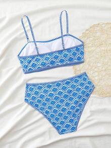 SHEIN 少女蓝色抹胸比基尼套装，碎花印花，度假沙滩泳装 - 藍色 - 查看 2