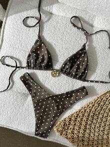 Swim Mod 女士黑白波点随机印花挂脖金属装饰比基尼套装，春夏款 - 彩色 - 查看 5