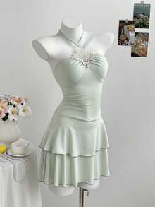 Elamini Y2K风格镂空领系带双层喇叭迷你连衣裙（女款） - 薄荷綠 - 查看 3