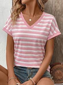 Selamara New Arrival Women's Fashion Casual Versatile Striped V-Neck T-Shirt - Multicolor - View 3