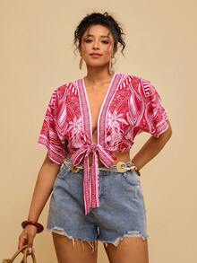 Travachic 大码复古印花系带短袖衬衫，波西米亚风 - 彩色 - 查看 6