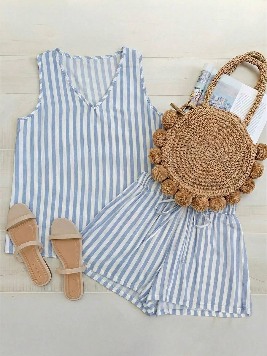 Omancia 2pcs/Set Summer Casual Striped Tank Top And Shorts Set - Blue - View 1