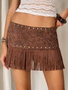 TRNVIE Quần short nữ mùa hè, kiểu dáng thường ngày, cạp thấp, chất liệu da lộn, họa tiết paisley, đính cườm và tua rua, thích hợp cho các bữa tiệc thường ngày, lễ hội âm nhạc phong cách Bohemian, trang phục miền Tây cho nữ. - màu nâu - Xem 3