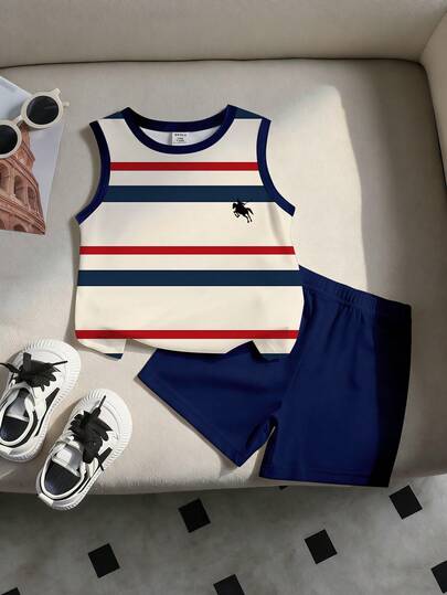 2pcs Baby Boys' Comfortable Casual Striped Short Sleeve Vest And Knit Shorts Set, Suitable For Outdoor And Sports Wear In Summer