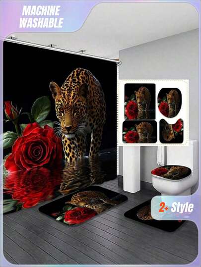 Tiger & Rose Shower Curtain Set (1/4 Pieces) – Waterproof, Machine Washable, 12 Essential Hooks Included, Perfect For Holiday Bathroom Decor (Valentine's/Winter/New Year)