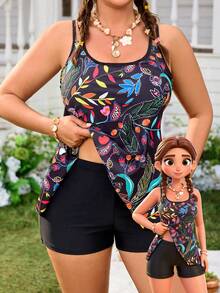 Swim Vcay Plus Size Women 2pcs Random Print Elegant Casual Tankini Swimwear - Black - View 1