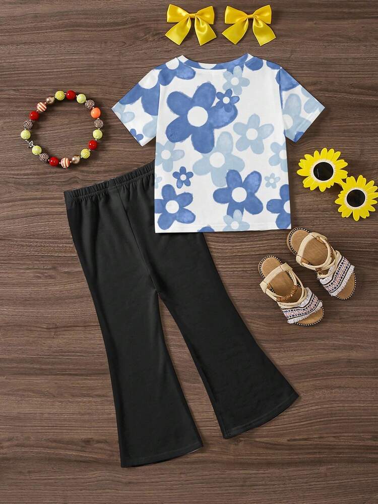 SHEIN Kawaii Cartoon Blue Rabbit Lulu & Stitch Pattern, Blue Ombre Floral, Young Girl Casual Minimalist Cartoon Round Neck Short Sleeve Top And Flare Pants Two Pieces Set, Suitable For Summer, Vacay Vibes, Sunny Journey, Casual Outfits Spring, Summer Getaway, Momentos En Familia, Cute Y2K Coconut Girl Boho Vacation Springbreak Brunch-Ready Baby Blue Girls Trip, Neon Beach Vibes, Bohemian Hippie Music Festival - Multicolor - View 3