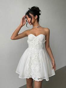 Aloruh Women's Lace Embroidered Bustier Mini Dress, Romantic Fit-And-Flare Silhouette, Wedding Season - White - View 3
