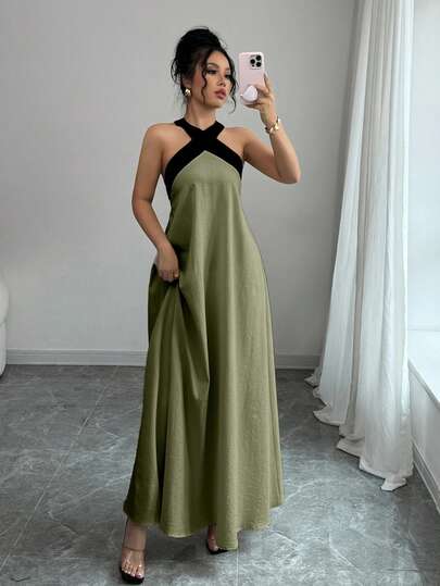 Rafferiza Contrast Color Halter Backless Bow Tie Sleeveless Dress, Casual Resort Style For Women Green Long Dress Women Casual Long Dress Sage Green Dress Olive Green Dress Halter Neck Dress