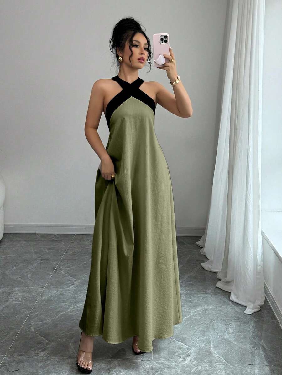 Rafferiza 撞色露背吊带蝴蝶结无袖连衣裙,休闲度假风女装 - 軍綠色 - 查看 1