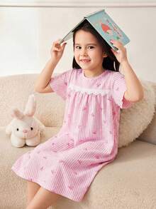 SHEIN 少女碎花蕾丝边编织夏季休闲连衣裙 - 粉色 - 查看 4