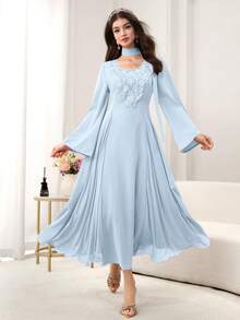 Al Najma Đầm dạ hội nữ cổ chữ V, đính cườm, thêu hoa, xếp nếp, phối lưới, ôm sát, tay dài, dáng xòe thanh lịch, màu hồng. - Màu xanh lam - Xem 6