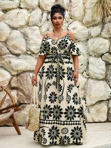 SHEIN Lady 春夏优雅通勤办公休闲波西米亚风休闲外出彩色针织吊带蓬蓬裙腰带吊带连衣裙长款短袖大码连衣裙 - 黑色 - 查看 5