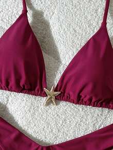 Swim Mod Bikini Halter Merah Polos Wanita dengan Detail Tali di Belakang dan Bagian Bawah Potongan Tinggi untuk Tampilan yang Menawan - Merah - View 4