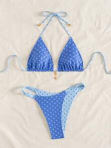 Swim Mod Women's Summer New Contrast Color Polka Dot Print Reversible Halter Tie Back Sexy Bikini Set, Suitable For Beach Vacation - Multicolor - View 5