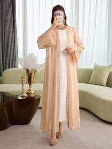 Al Najma Áo khoác cardigan tay dài dáng rộng kiểu nghỉ dưỡng với lớp ren phủ ngoài - trái cam - Xem 5