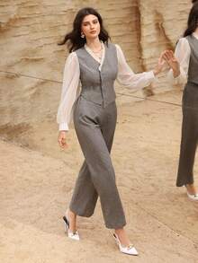 Modelyn Women's Gray Double-Sided Chiffon Ruffle Waist Elegant Blouse And Straight Leg Pants 2 Pieces Set - Grey - View 4