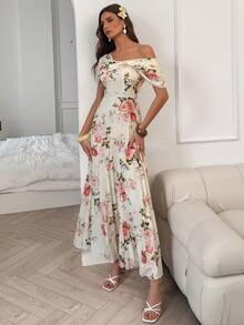 SHEIN Elenzya 不对称肩部褶皱A字印花优雅浪漫女式连衣裙 - 彩色 - 查看 1