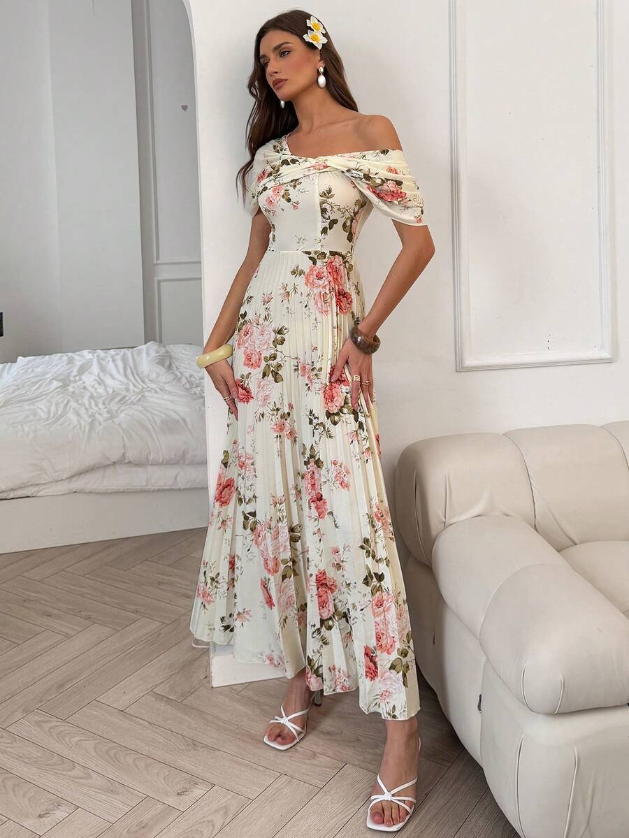 SHEIN Elenzya 不对称肩部褶皱A字印花优雅浪漫女式连衣裙 - 彩色 - 查看 1