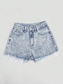 SHEIN Fashionable Casual Star Rhinestone Frayed Hem Women Denim Shorts - Light Wash - View 4