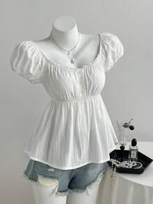 Elamini Áo kiểu nữ tay ngắn cổ vuông thêu họa tiết, thoải mái, thích hợp cho kỳ nghỉ biển, hẹn hò, đa năng. - trắng - Xem 6