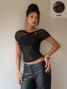Siren Gaze Women's Elegant Black Floral Lace Top,Summer Night Out Off-Shoulder Fitted Blouse,See Through Stylish Lacey T-Shirt,New Solid Color Tops - Black - View 6