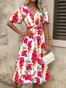 SHEIN Clasi 女士印花V领荷叶边袖侧开衩下摆优雅连衣裙，适合度假穿着 - 玫紅色 - 查看 5