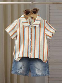 SHEIN Playful Pals 男婴休闲短袖衬衫搭配破洞牛仔裤 - 彩色 - 查看 1