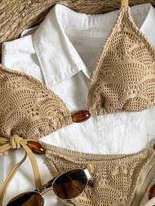 Swim Vcay Women's Spring/Summer Jacquard Fabric Beaded Halter Bikini Set - Khaki - View 3