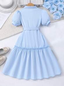 SHEIN Vestido con estampado floral, cuello, manga abullonada, parte delantera abierta y cinturón para niñas - Azul - Ver 2