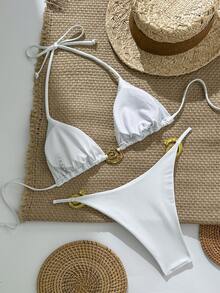Swim Chiccia Women's Solid Color Fashionable Sexy Bikini Set - White - View 3
