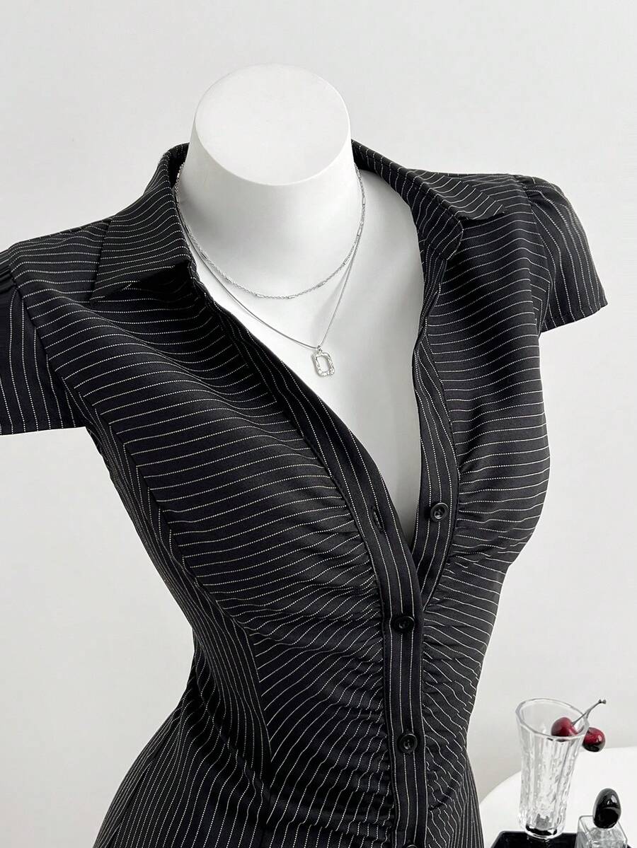 Elamini Women's Dress, V-Neck Ruched Black & White Striped Shirt Dress - Black - View 1