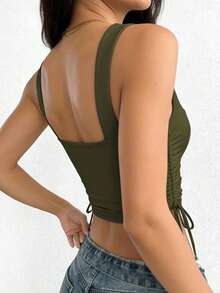 INAWLY Top corto de tirantes con cordón lateral en unicolor, sexy para el verano - Verde militar - Ver 2