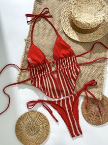 Swim SXY Conjunto de bikini de mujer con top halter y tela jacquard a rayas, para playa y vacaciones, primavera/verano - Rojo - Ver 4