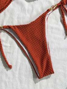 Swim Vcay Women's Summer Beach Outfits, Solid Color Jacquard Fabric Spaghetti Strap Sexy Bikini Set With Shell & Metal Decor - Brown - View 5