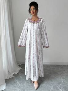 Modelyn 女士梭织印花拼接蕾丝边长袖连衣裙 - 紫色 - 查看 5