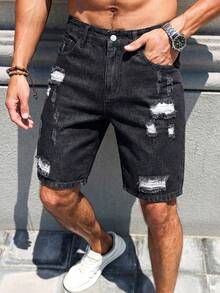 Manfinity Roughcore Men's Casual Ripped Straight Leg Blue Denim Shorts, Street Fashion For Spring/Summer - Black - View 8