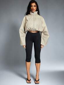 Denimoi 高领拉链前襟收腰仿皮夹克 - 淺灰色 - 查看 2