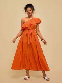 Travachic 大码女式休闲纯色连衣裙 - 亮橙色 - 查看 3