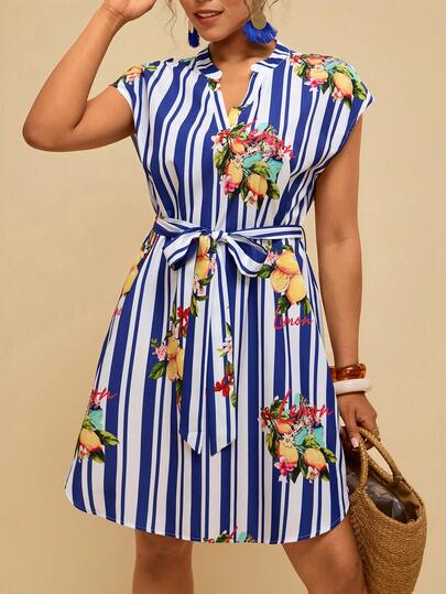 Travachic Plus Size Summer Vacation Striped Lemon Print Dress Summer Outfits, Spring Clothing,Spring Outfit Women, Going Out Outfits, Vacation Outfits Women,Holiday Outfits, Casual Outfit For Women, Boho Style Women, Resort Outfit For Women, Island Holiday Outfit, Havana Outfit, Tropical Outfit, Mexican Style