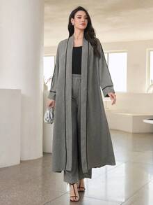 Modelyn 两件套斜纹宽松开襟长款开衫套装，灰色 - 灰色 - 查看 4