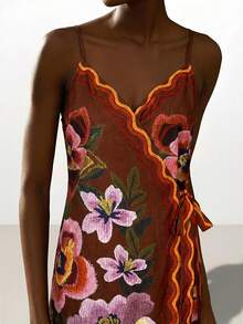 CAJUNI Bohemian Style Spaghetti Strap Mini Dress With Intricate Floral Pattern And Ruffle Edges, Summer Beach Dress - Red - View 6