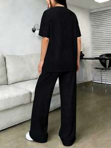 Conjunto informal de dos piezas, elegante traje bohemio de verano para mujer, de talla grande, con top holgado y pantalones anchos holgados. - Negro - Ver 2