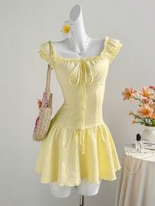 Elamini Women's Light Yellow Ruched Bust Short Sleeve Mini Dress - Light Yellow - View 1