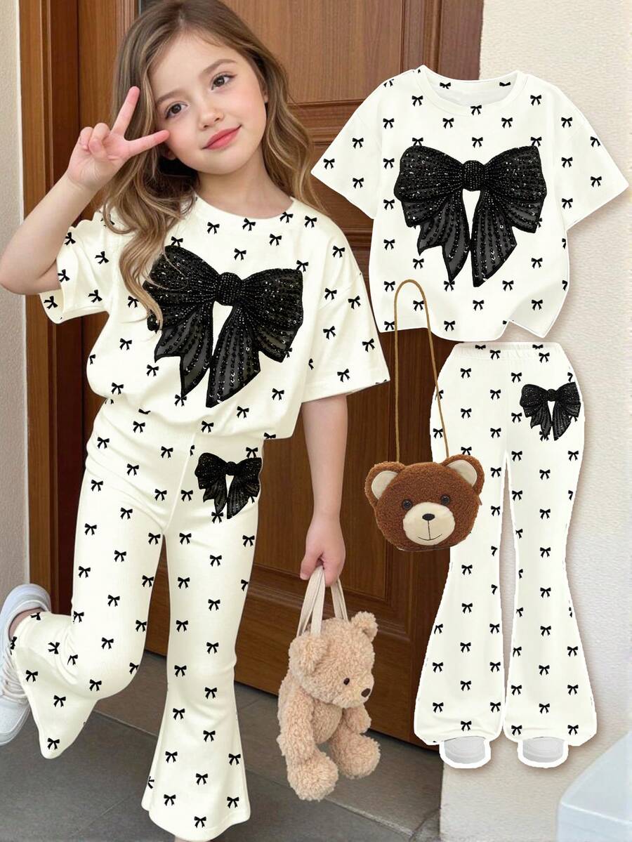 SHEIN Bộ đồ cho bé gái gồm 1 áo thun lưới đính sequin thắt nơ phía trước và 1 quần ống loe. - Nhiều màu - Xem 1