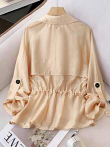 GlowEve 女士时尚翻领抽绳褶皱优雅浪漫休闲日常约会通勤晚宴春夏风衣 - 杏色 - 查看 2