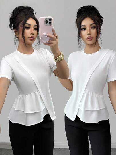 GlowEve 女士优雅休闲修身短袖T恤，圆领，荷叶边下摆，适合外出、约会、新年、情人节、复活节、母亲节、音乐节、中东婚礼等场合，白色