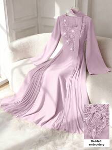 Al Najma Đầm dạ hội nữ cổ chữ V, đính cườm, thêu hoa, xếp nếp, phối lưới, ôm sát, tay dài, dáng xòe thanh lịch, màu hồng. - Màu tím - Xem 1